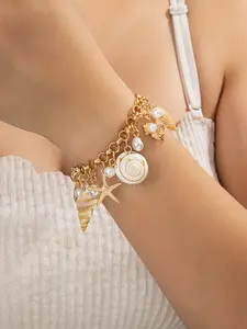 Bohemian Ocean Wind Conch Starfish Pearl Pendant Adjustable Alloy Bracelet, Beach Vacation Party Daily Wear, Boho Style Hand Chain