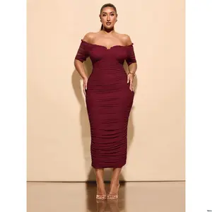 Shoulder One Mesh Summer Women tiktok BAE Plus Size s Elegant Stretch - Gathered Midi Dress