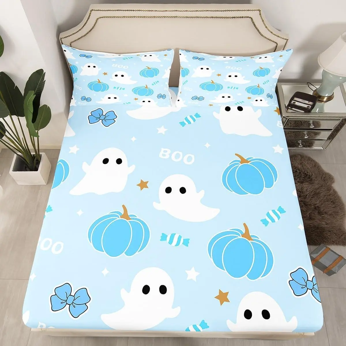 Cute Ghost Kids Fitted Sheet,Bowknot Pumpkin Candy Happy Halloween Gothic Bedding Set,Girls Women Room Decor,Stars Bow Tie Cartoon Blue Dreamy Bed Sheet,(No Flat)