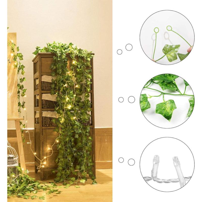 84Ft 12 Pack Artificial Ivy Leaf Plants Vine with 80 LED String Light,Green Vines Garland, Hanging for Home Kitchen Office Wedding Wall Décor