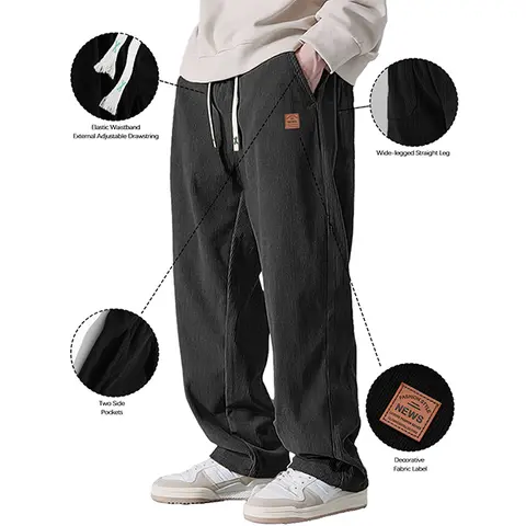 Fashion Men's Pants - Loose Casual Fit, Knitting Fabric, Elastic Casual Fit Waist for Various Body Types, Straight Leg for Free Movement, Side Pockets for Convenient Storage, Stylish Letters Decorative Tag, Beige, Black