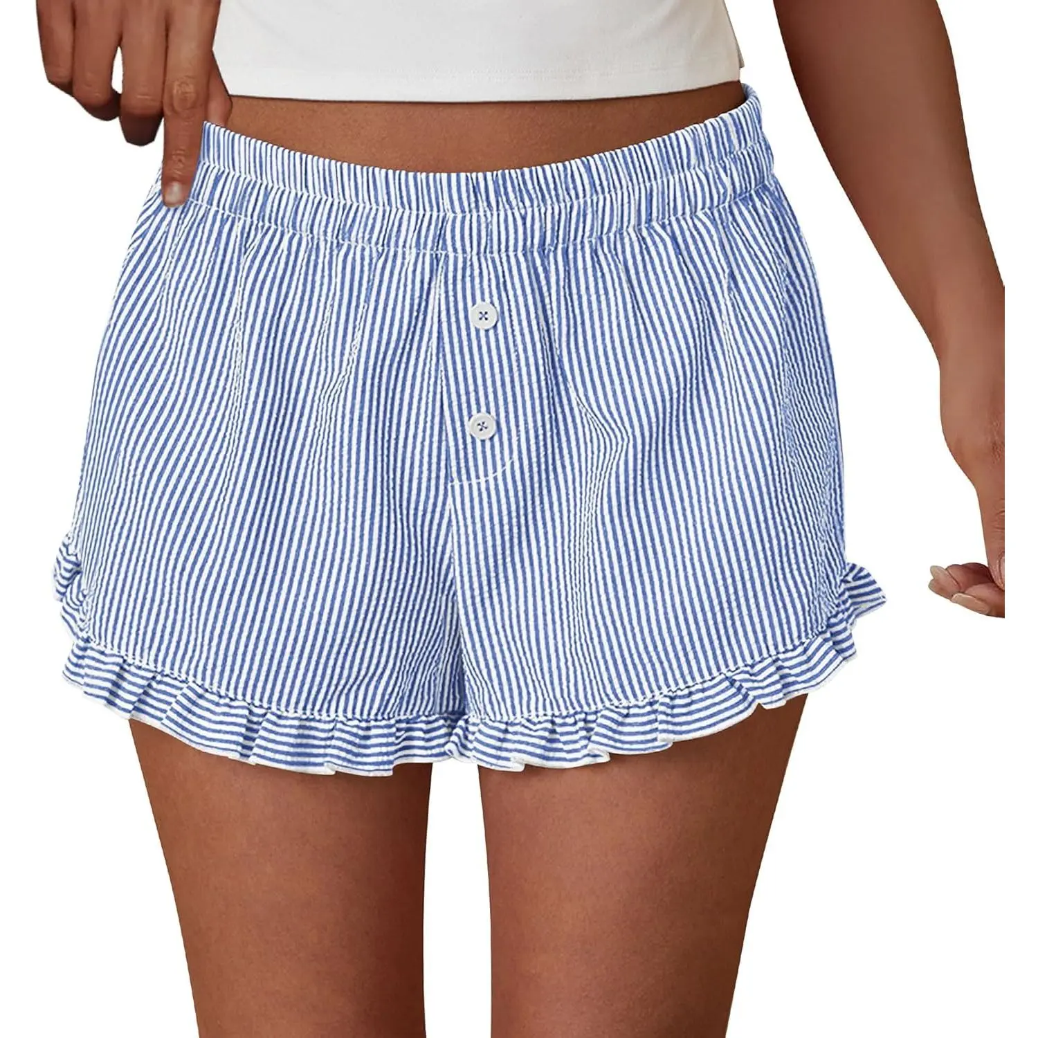 Womens Boxer Shorts Striped Gingham Ruffle Pajama Bottoms | Elastic Waist, With Pockets, Plaid Shorts,Casual Lounge Sleep Pj Bottoms, Y2K Cute Summer Outfits for Beach Vacation