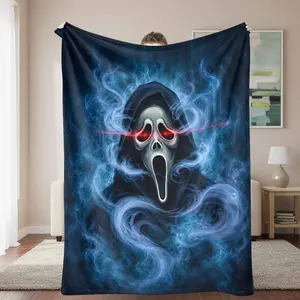 Ghostly Spirit Flannel Blanket Dark Hooded Phantom Print Soft Warm Lightweight Fade Resistant Cozy Throw for Bedroom Living Room Sofa Halloween Party Gift Use