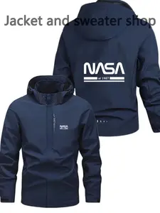 Men's and Women's Fashion Jacket with Nasa Letter Print, Zipper Pockets, Casual Hooded Design, Spring & Fall Polyester Coat