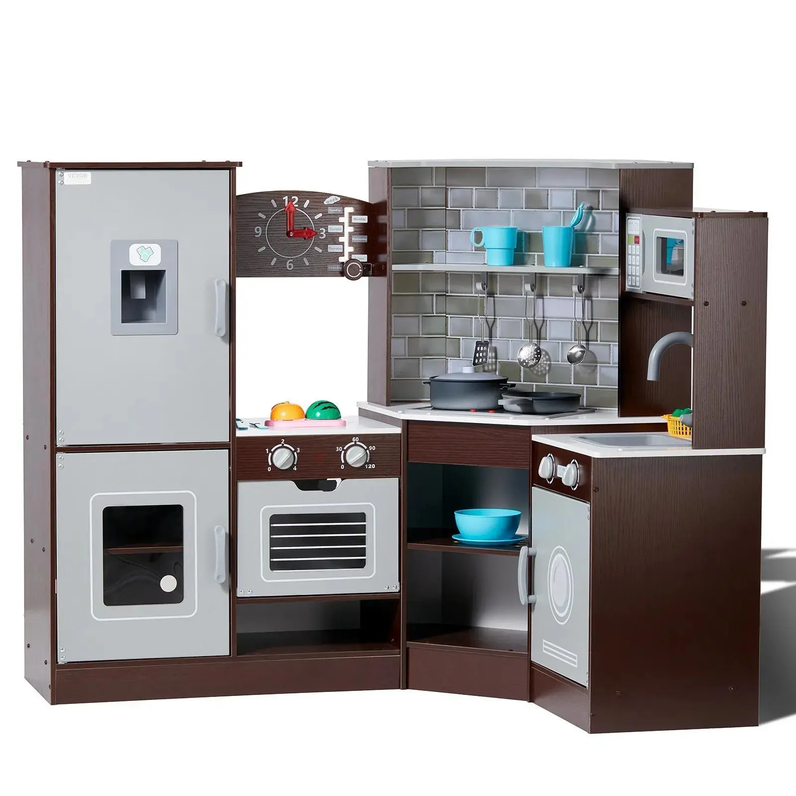 VEVOR Toddler Kitchen Brown Corner Wooden Pretend Play Set, Screen-Free Mini Cookware Kitchen & Food Toys with Lights, Sounds, Ice Maker, Oven, Sink, Clock, Microwave, Refrigerator, Cutting Board, Frying Pan, 9 Lifelike Fruits & Veggies#SohoChic