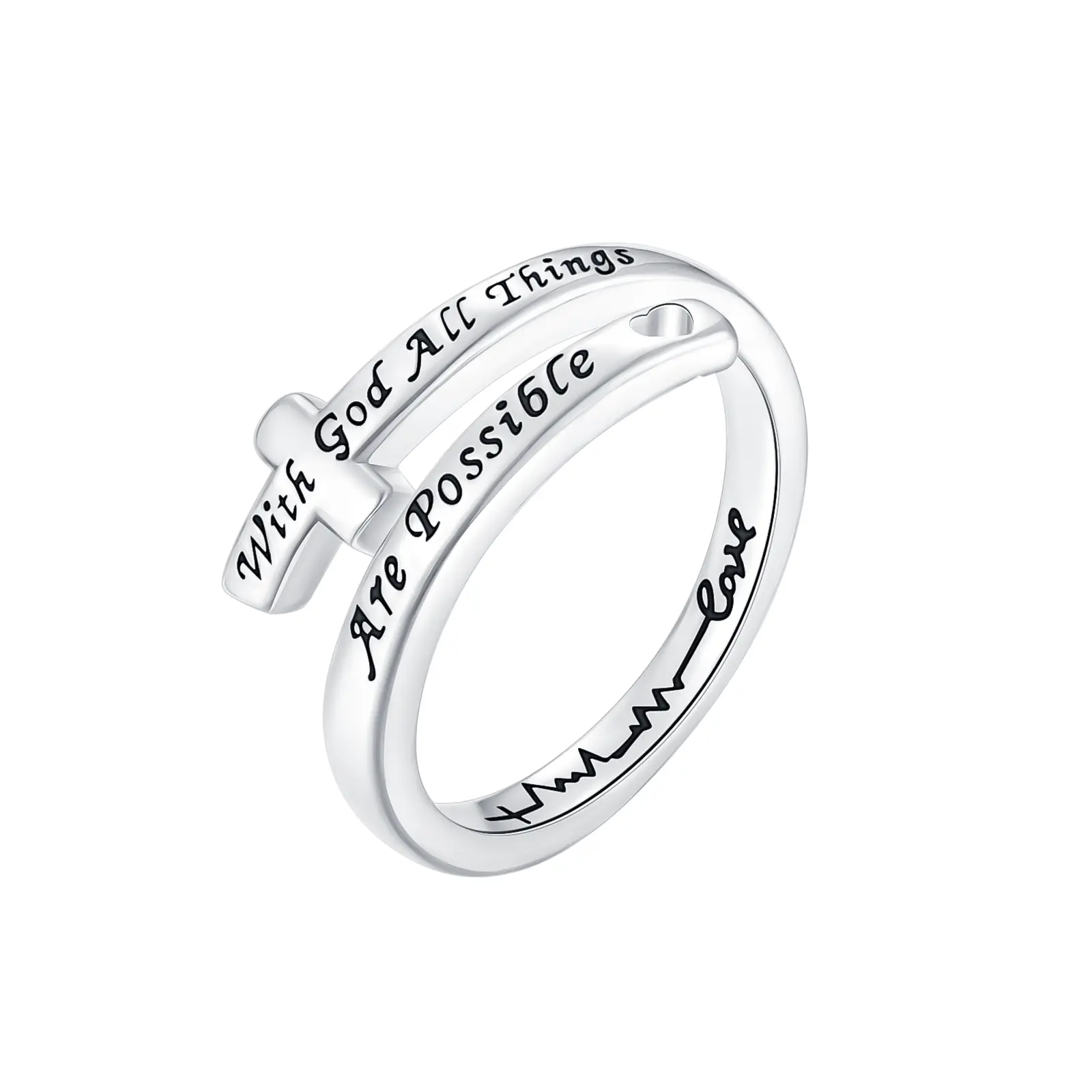 "With God All Things Are Possible" Cross Wrap Ring | Adjustable Heartbeat Faith Jewelry | Christian Gift for Women