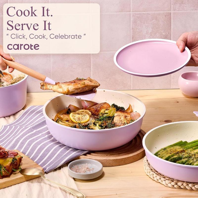 CAROTE Pots and Pans Set Non Stick, Cookware Sets, 19pcs Kitchen Set, Oven/Fridge Safe, Space Saving Pots Set, Nonstick Set with Versatile Removable/Detachable Handle, Induction RV Set, Purple