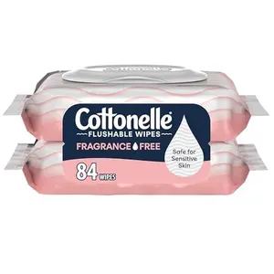 Cottonelle Fragrance Free Flushable Wet Wipes, Adult Wet Wipes, 2 Flip-Top Packs, 42 Wipes Per Pack