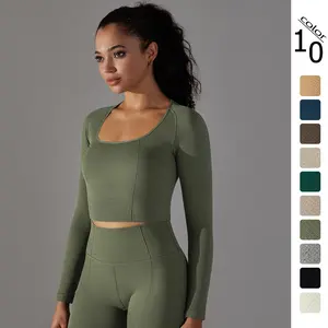New seamless solid color polka dot striped T-shirt, high elasticity, low neck, tummy control, body shaping yoga top, long sleeve top for women