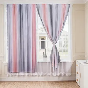 No-Drill Gradient Velcro Curtain, Double-Layer Light Blocking Curtain with Sheer Panel, Self-Adhesive, Decorative Window Curtain for Bedroom & Living Room, Multi-Color