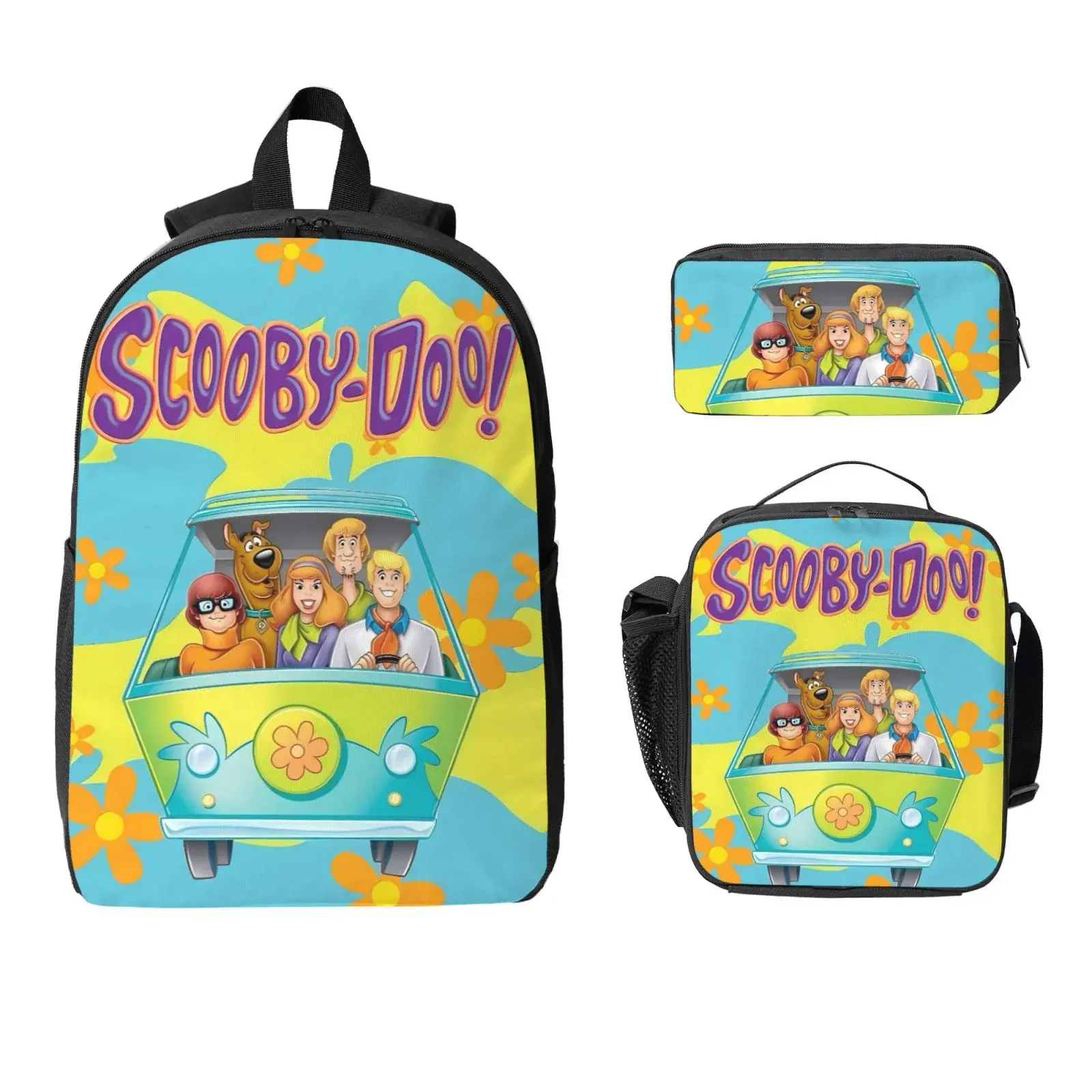 Scooby-Doo 3-Piece High-Capacity Fabric Backpack Set - 17x12.6x5.1 Inch, Laptop Fit, Large Compartment, Zip-Closure Bookbag, Lunch Box, Pencil Case for Campus & Work (Office & School Supplies), Biking