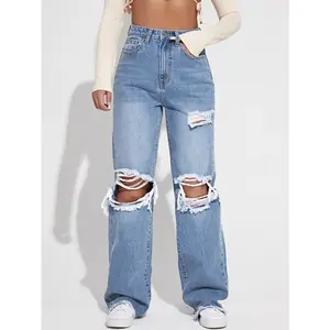 SHEIN EZwear Women's Summer Ripped Cutout Wide Leg Jeans,Ladies Casual Button,Cut Out,Pocket,Ripped Streetwear Trouser