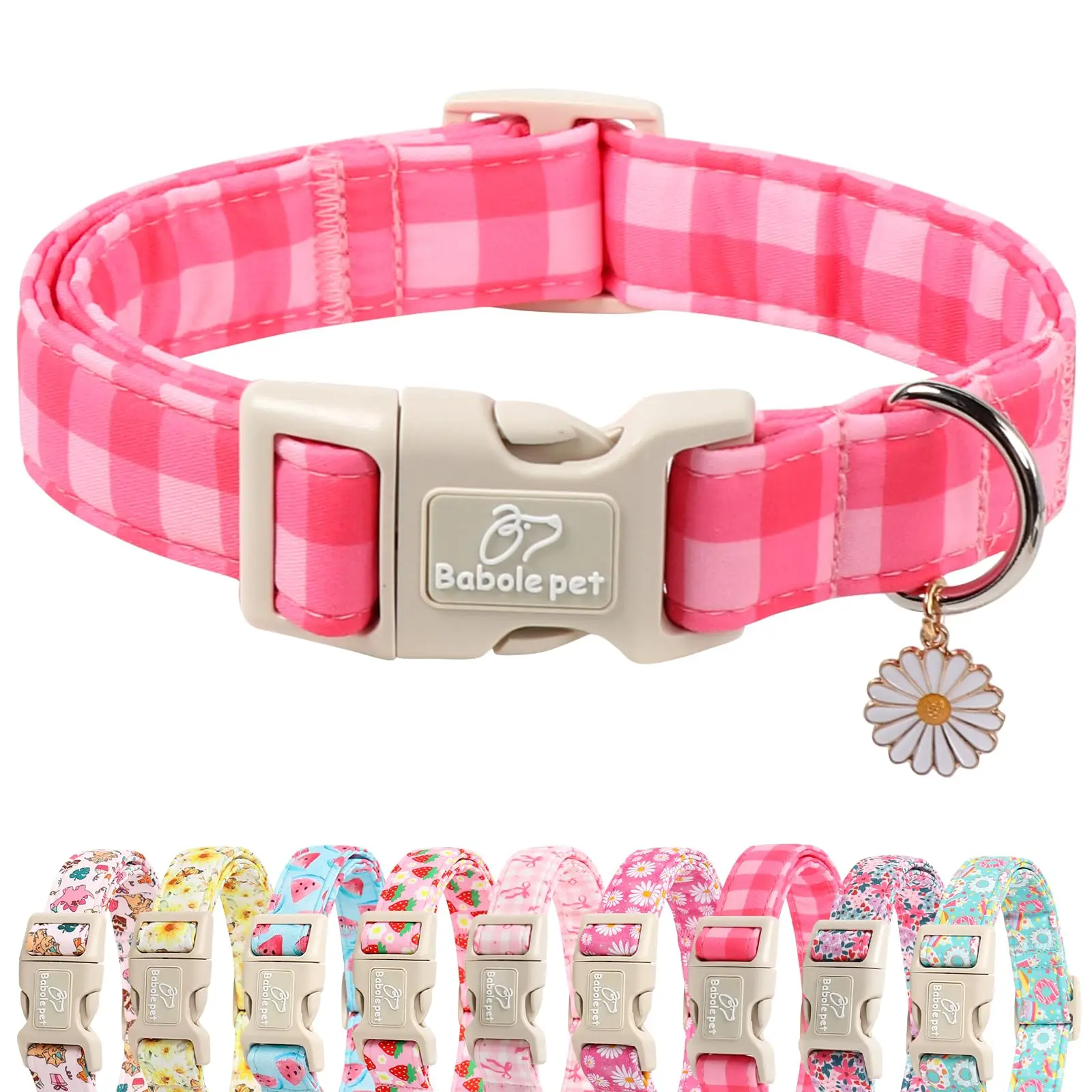 Pink Checkerboard Basic Dog Collar for Small Female Dogs - Soft Poly-Cotton, Adjustable XS Fits, Quick Release Buckle, Fade Resistant, Ideal for Spring Summer Pet Accessories