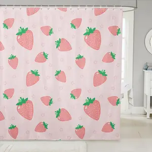 Feelyou Kawaii Pink Strawberry Print Shower Curtain Set, Waterproof Washable Fabric Bathroom Curtain, Cute Fruit Bathroom Accessory, 72"Wx72"L, Bedroom Decor Ideas