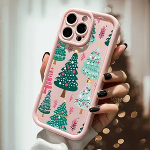 Pastel Pink Christmas Tree Pattern Soft Case for iPhone 17 Air 16 Pro Max 15 Plus 14 13 12 11 X XSShockproof Drop Protection Rugged Durable Silicone Cover