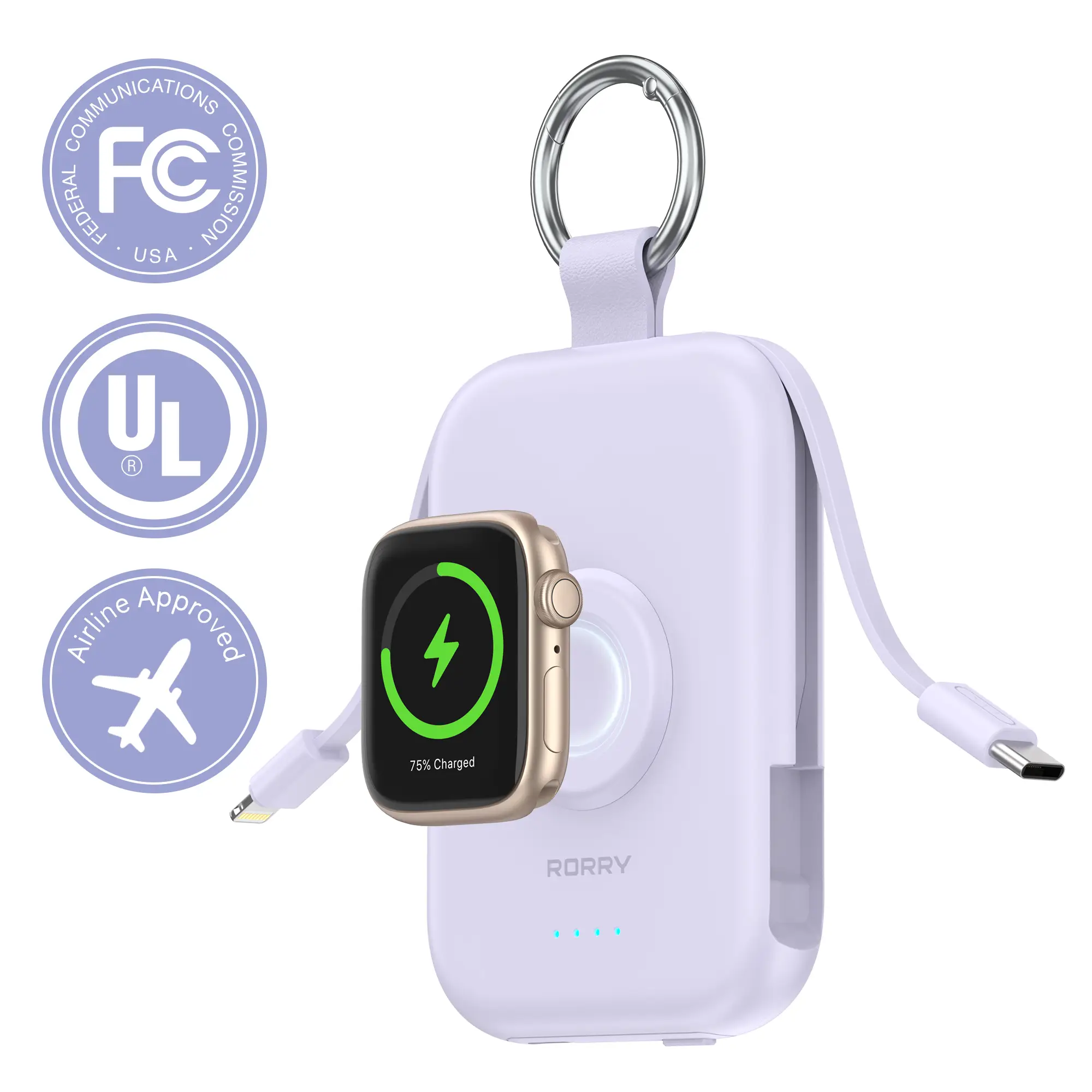 RORRY Mini Portable Power Bank 5000mAh USB Type-C Charger with Built-in Cable & Keychain for Apple Watch iPhone Series 17-12 Compact Travel-Friendly D