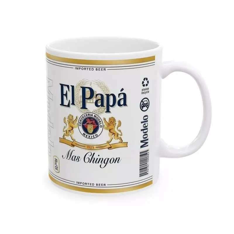 Reusable Washable Ceramic Coffee Mug - El Papá Más Chingón Glossy Printed 11oz/15oz Drinkware with Mexican Beer Label-Style Aesthetic Design, Father's Day Gift for Dad