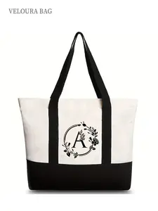 1pc Initial Canvas Tote Bag for Women, Minimalist Large Capacity Shoulder Bag, Stylish Color Block Handbag, Durable Lightweight Tote, Fits Laptop, Phone, Cosmetics, Perfect for Work, Travel, Shopping, Everyday Use, Ideal Holiday Gift