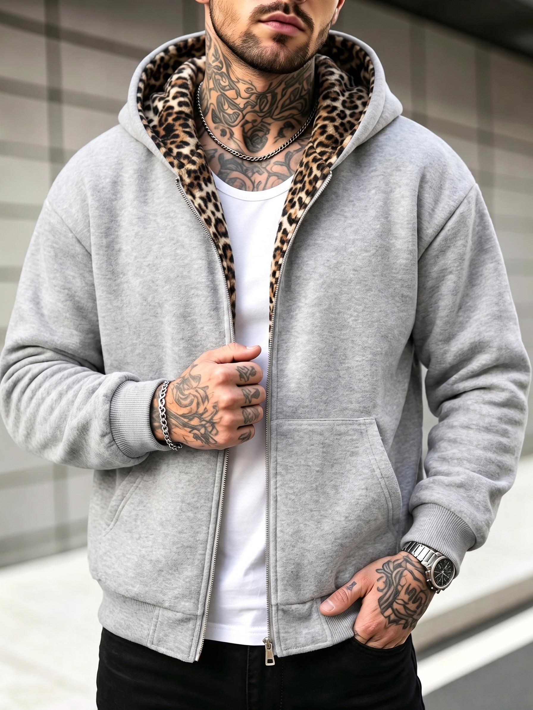 Men’s casual double-sided zip-up hoodie jacket, solid color leopard print design; long sleeves; deeper side pockets; soft, durable fabric. Suitable for everyday wear, walking, and camping in spring and autumn.