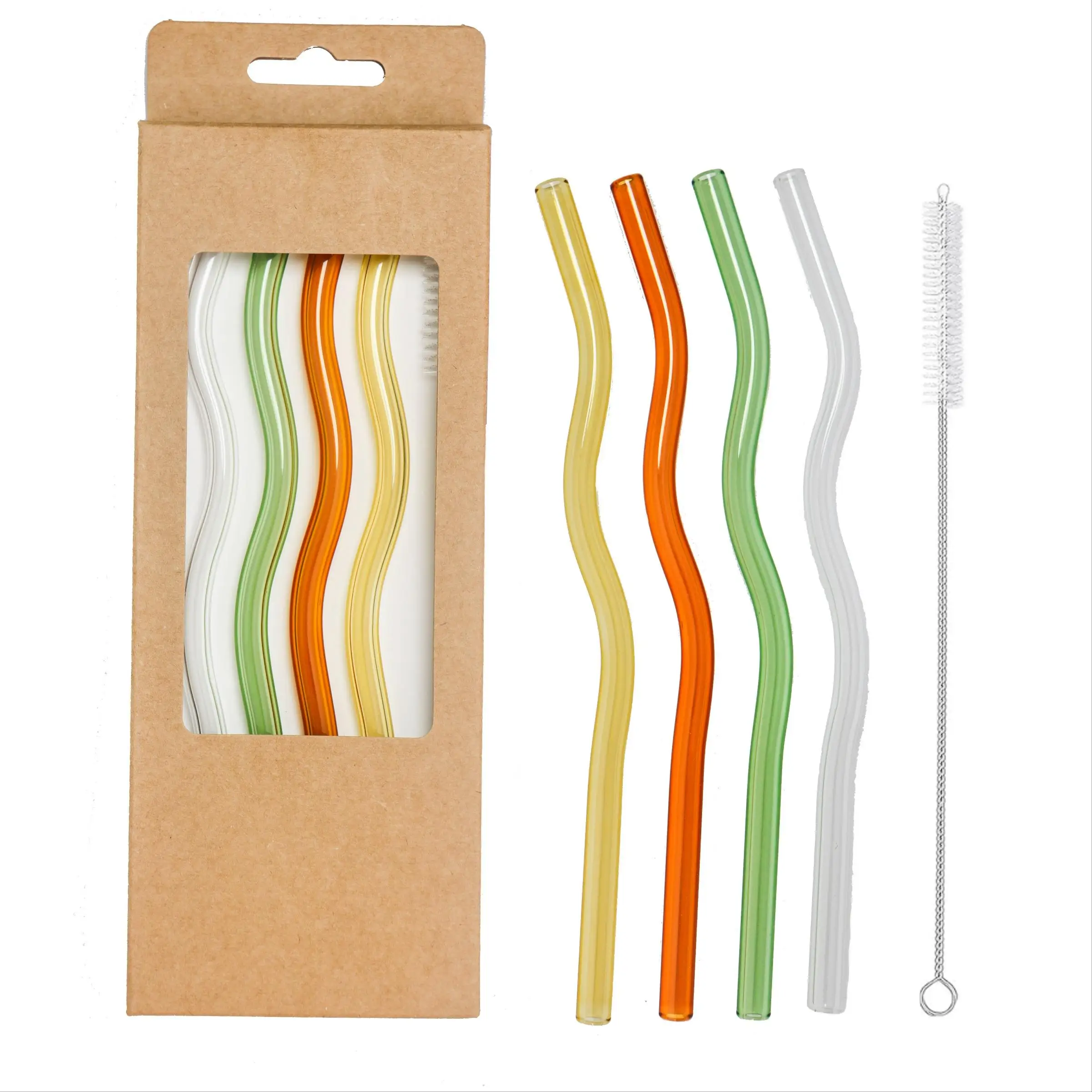 Modern Wavy Glass Straw Set, 4 Counts Reusable Colorful Glass Straw and 1 Count Cleaning Brush Set, Heat Resistant Straw for Smoothies, Tea, Coffee, J