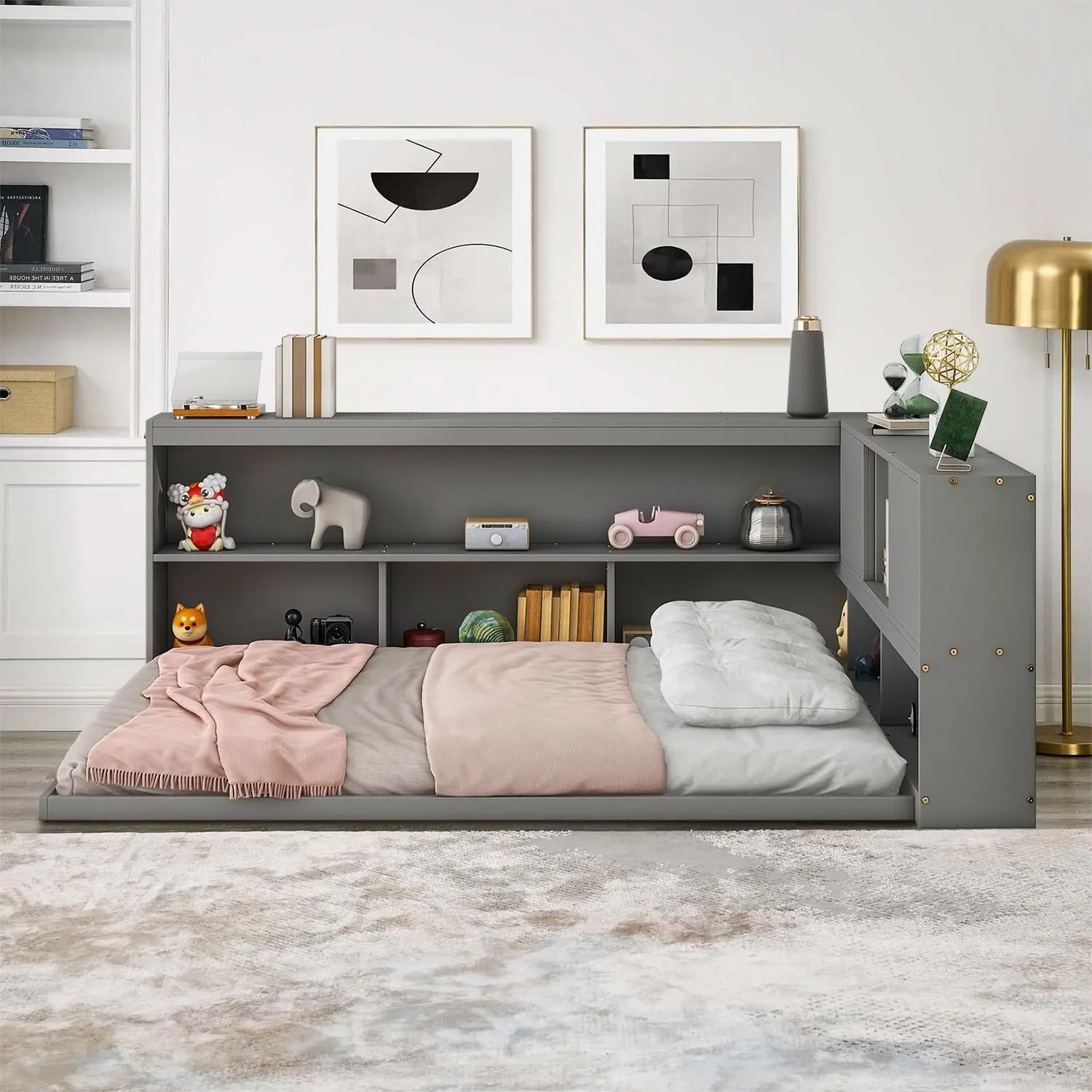 Classic Full Size Wooden Storage Floor Bed with L- Shaped Bookcase