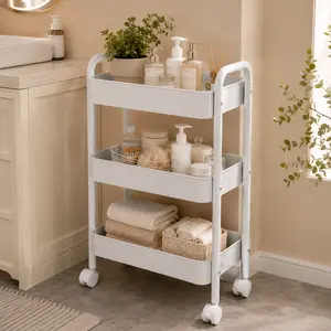 Pink 3-Tier Rolling Multi-Functionality Utility Cart - Adjustable, Freestanding, Organizational, Portable Storage Organizer with Wheels, Tool-Free Easy Assembly, for Kitchen, Office Home Supplies, Multi-Functionality Utility Carts, Adjustable Utility Cart