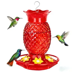 Glass Hummingbird Feeders for Outdoors Hanging Ant and Bee Proof 16OZ 1 Pack Red Pineapple Humming Bird Feeder with 6 Feeding Ports and Ant Moat Hummingbird Gifts for Women Garden Decor