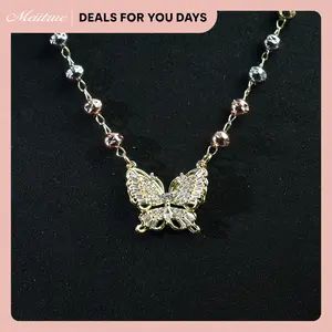 MEIITRUE Nature Energy Series Butterfly Dance 14K Gold Plated Pendant Necklace Tri-Color Bead Rhinestone Necklace for Daily Party, Trendy Jewelry Gift for  You She and Her