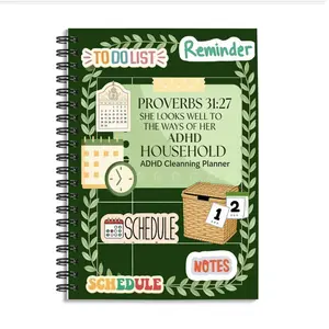 1pc ADHD Cleaning Planner Notebook, Checklist Reminder Style - Dark Green Background with Leaves, Weekly Planner, Spiral Bound Planner, Household Organization and Time Management, 5.5x8.3 Inch Notebook