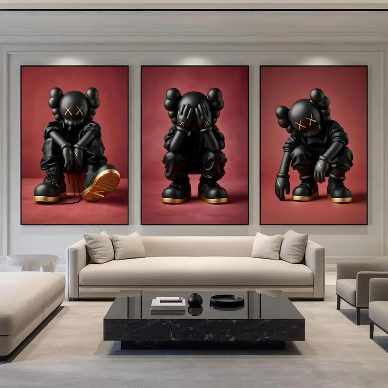 Decorative HypeBeast Kaws Inspired Luxury Wall Art Poster Set Of 3 Print Unframed, Kaws Style Hypebeast Decor, Arrtful Urban Decor Print, Kaws Figured