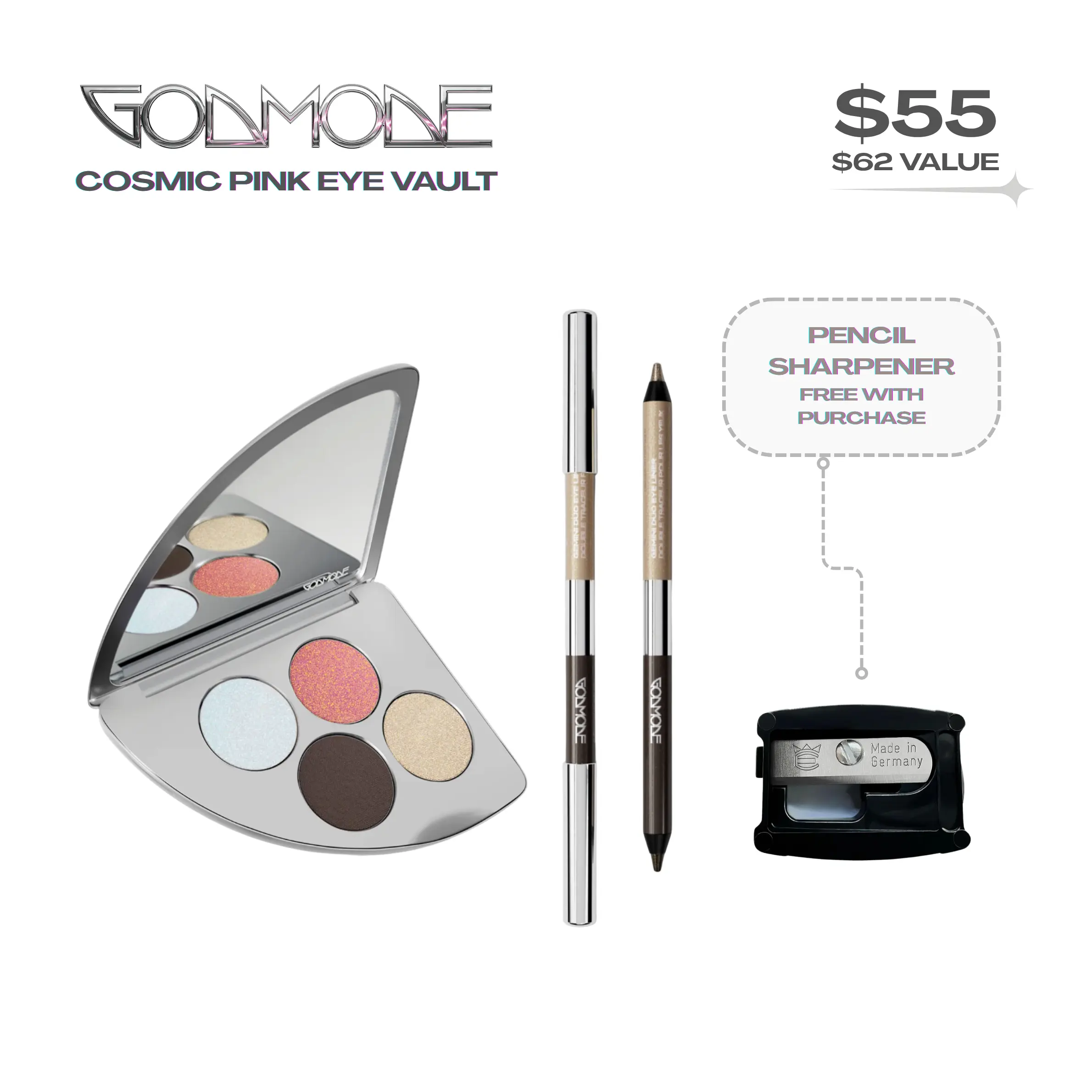 GODMODE Ultimate eye combo in Cosmic Pink, pearl shine duochrome eyeshadow and precision duo colour eyeliner Makeup Palette Matte And Glitter