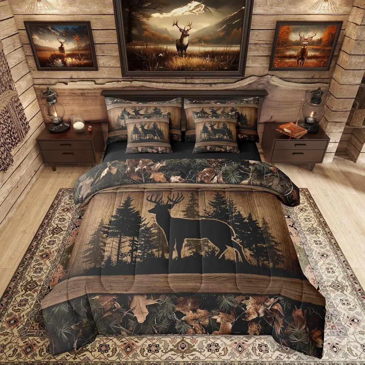 Feelyou 7-Piece Farmhouse Deer Bedroom Bedding Set - Camo Woodland Hunting Comforter Set King with Sheets, Rustic Cabin Decor for Boys, Wildlife Animal Print Textile Bedding