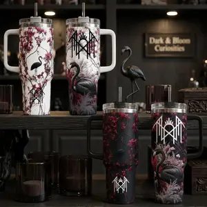Sleep Token Even In Arcadia Tumbler, Gothic Flamingo - Dark and Bloom Floral 40oz Cup with Handle, Progressive Metal Rock 40oz Stainless Steel Travel Mug, Alt Music Fan Gift, Sleep Token Inspired Insulated Tumbler Featuring Epic Logo Design.