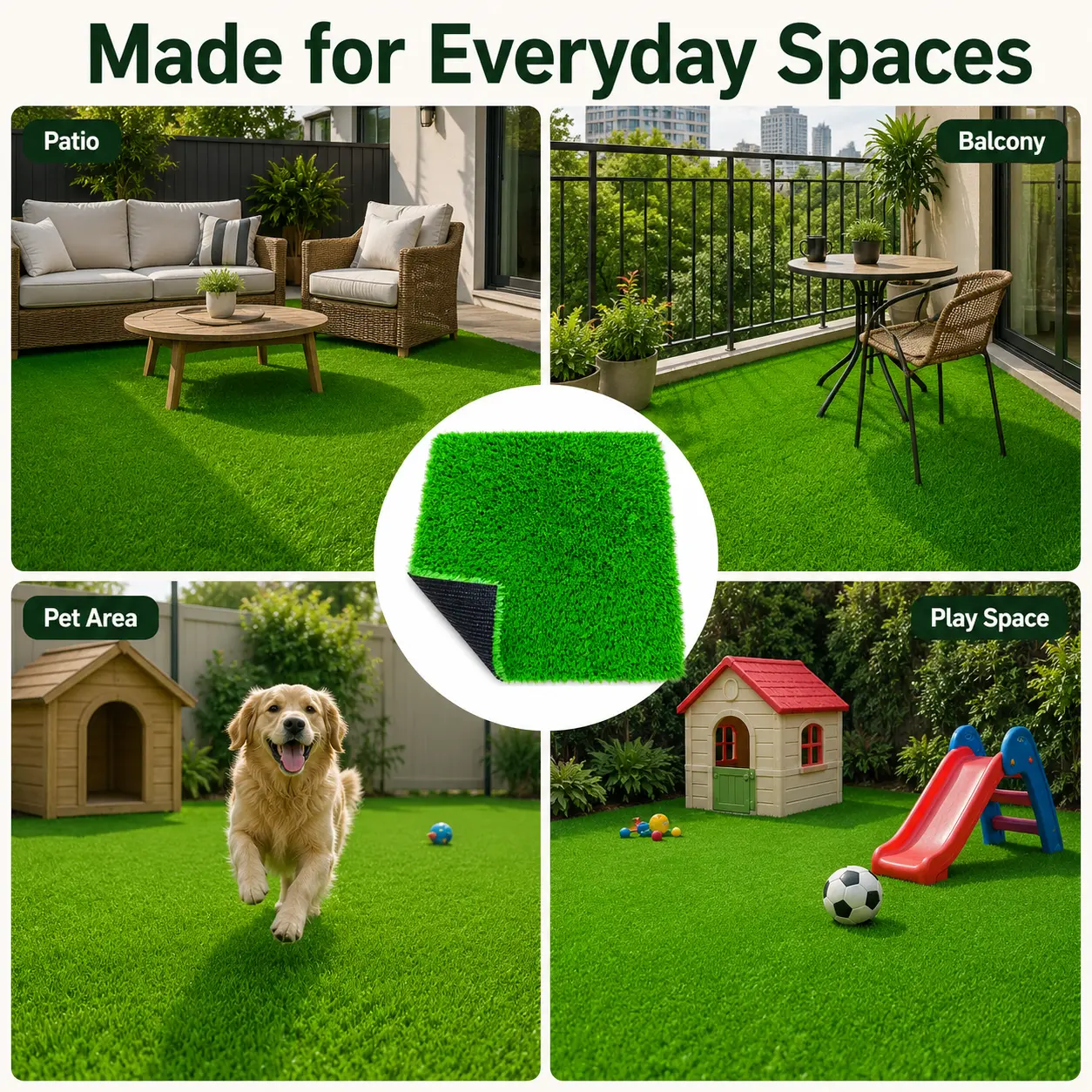 Artificial Grass Turf Rug - Bright Green Faux Grass Mat with Non-Slip Black Backing, Durable Synthetic Carpet for Patio, Dog Area, Indoor Outdoor Home Decor