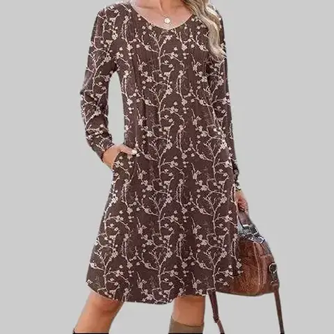 ZEAGOO Women's V-Neck Puff Full-Long Sleeve Pleated Polyester Blend A-Line Tunic Dress with Pockets, Machine Wash Casual Wear Dress for Evening, Business Events
