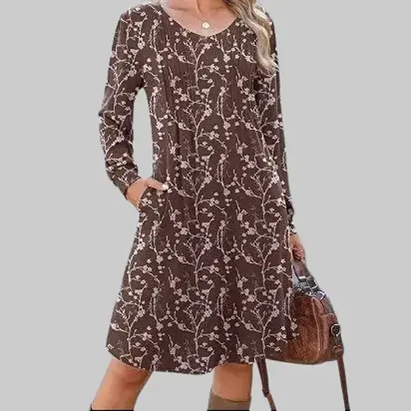 ZEAGOO Women's V-Neck Puff Full-Long Sleeve Pleated Polyester Blend A-Line Tunic Dress with Pockets, Machine Wash Casual Wear Dress for Evening, Business Events