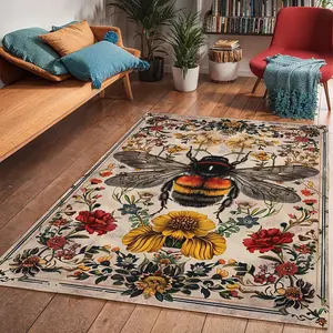 Bee & Flower Pattern Floor Mat, Non-slip Soft Floor Carpet, Decorative Area Rug for Home Living Room Bedroom, Home Decor, Floral Insect Rug