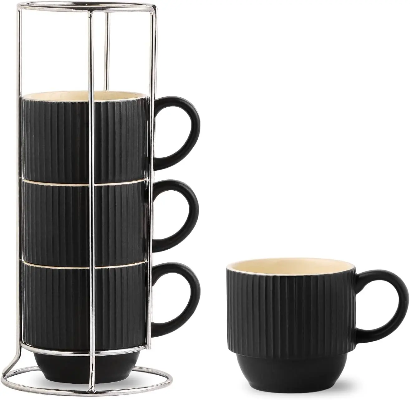 12 oz Stackable Black Coffee Mugs Set of 4 Porcelain Cups with Metal Storage Rack