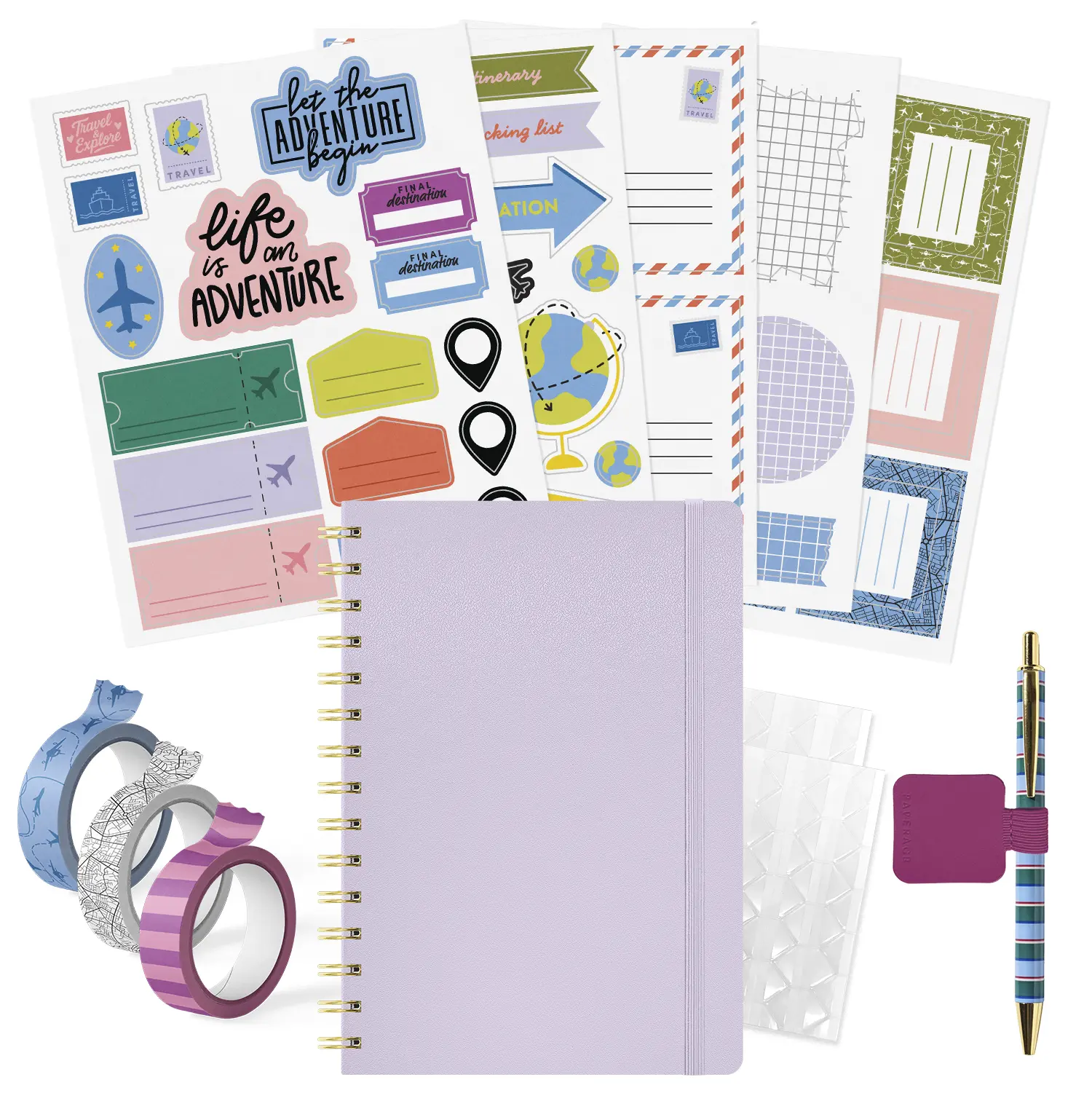 PAPERAGE Travel Journal Kit, Travel Notebook & Scrapbook Set, Hardcover Blank Spiral Notebook, 5 Sticker Sheets, 2 Photo Corners, 3 Washi Tapes & Black-Ink Gel Pen with Pen Holder