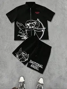 Men's Angel Print Zip Up Jacket & Shorts Two-Piece Set, Loose Casual Knit Elastic Fashion Cozy Breathable Two Piece for Daily Outdoor Wear, Men Clothes for All Seasons, Zipper