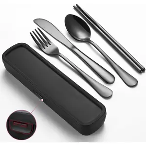 Travel Utensils with Case, Stainless Steel Camping Cutlery Set, Reinforced Case with Snap-Lock Closure, Include Fork Spoon Knife Chopsticks, Portable Lunch Box Silverware for Picnic Office, Black