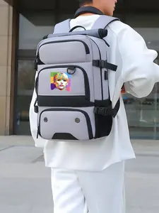 Colorful geometric-style hiking backpack with human figures, multi-layered design, suitable for back-to-school or New Year's gifts.