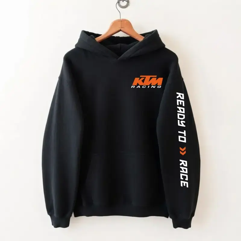 KTM Hoodie With Sleeve Print, Racing Motorcycle Graphic Hoodie, Vintage Moto Streetwear Pullover, Casual Unisex Biker Apparel for Men Women