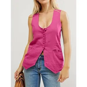 Women's Scoop Neck Linen-Cotton Sleeveless Fitted Blazer Vest, Chic Street Style Essential Clothes with Premium Fabric, Skinny-Fit Waistcoat Top for Work & Casual Wear, Versatile Suit Complement