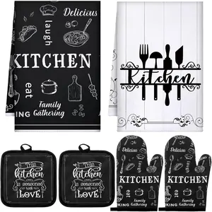 6 Kitchen Towels Sets Kitchen Decor Accessories Set with Oven Mitts and Pot Holders Farmhouse Oven Glove Decor for Cooking Baking Grilling Supplies (Classic Black and White,Vivid)