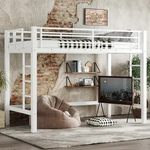 Twin XL Size Loft Bed, Heavy-Duty Metal Loft Bed Frame with Easy Climbing Ladder and Guardrails , Noise Free, White
