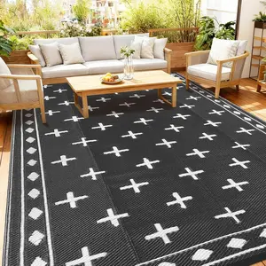 Large 9x18 Outdoor Area Rug, Waterproof Plastic Straw Mat with Framed Geometric Design for RV Awning, Patio, Deck, Garden, Camping, Beach and Backyard,Black White