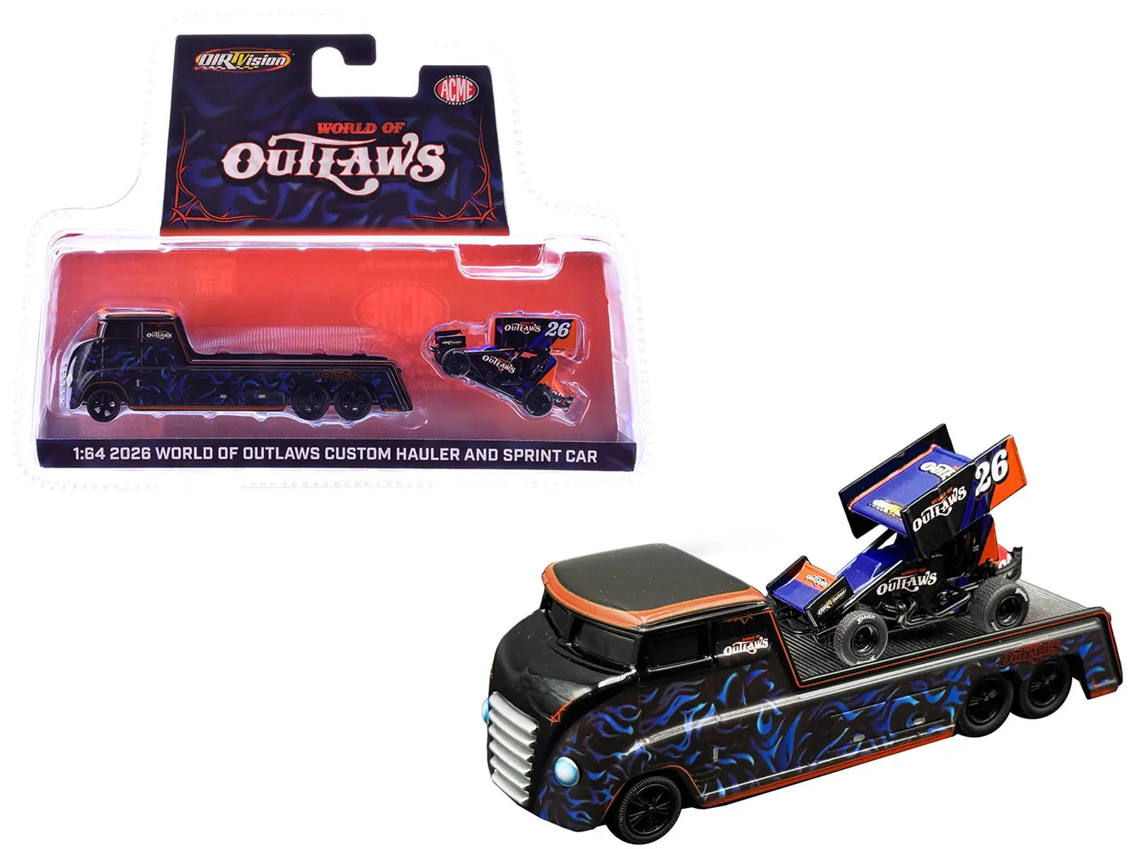 World Of Outlaws 2026 Winged Sprint Car #26 Black w/Stripes & Custom Hauler Black with Graphics 1/64 Diecast Model Cars by ACME