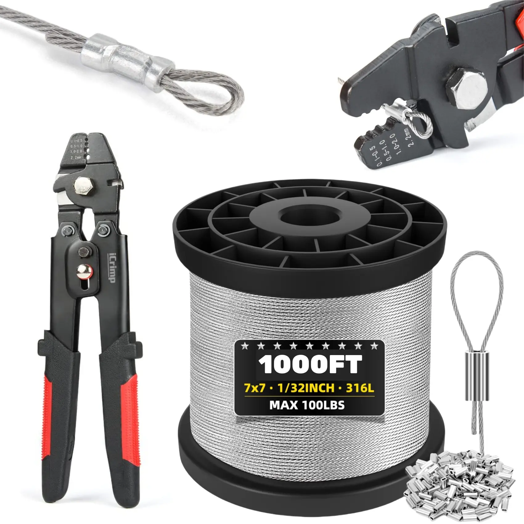 WERHOO Wire Rope Crimping Tool Kit, 1/32" T316 Stainless Steel Cable 7x7 Strand Core With Aluminum Crimping Loop Sleeves For Garden Decoration, Decking, Picture Hanging, 100FT + 25 Sleeves + Crimper, Multi-Lengths Available