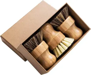 Palm Pot Brush 3-Pack Bamboo Kitchen Utensil Dish Brush Set with Natural Scrub Bristles Vegetable Brush Pot & Pan Scrubber Durable Eco Friendly Cleaning Kit for Dishes Pots Sinks & Produce